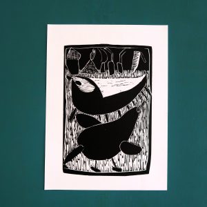 Original lino-print - Swimming Penguins