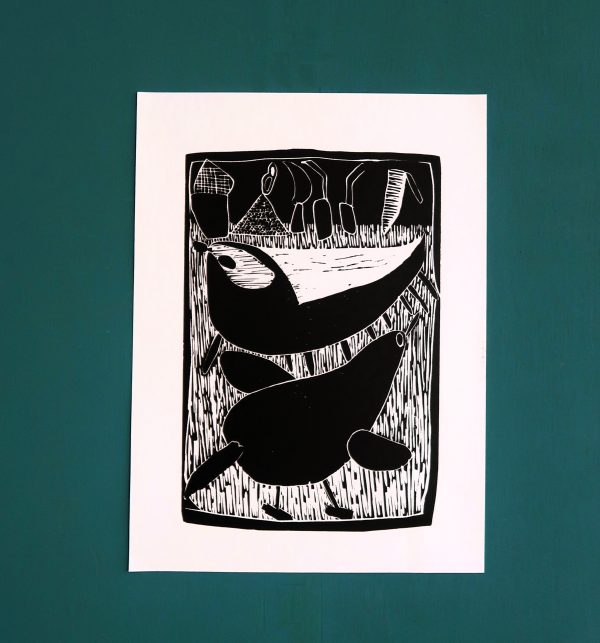 Original lino-print - Swimming Penguins