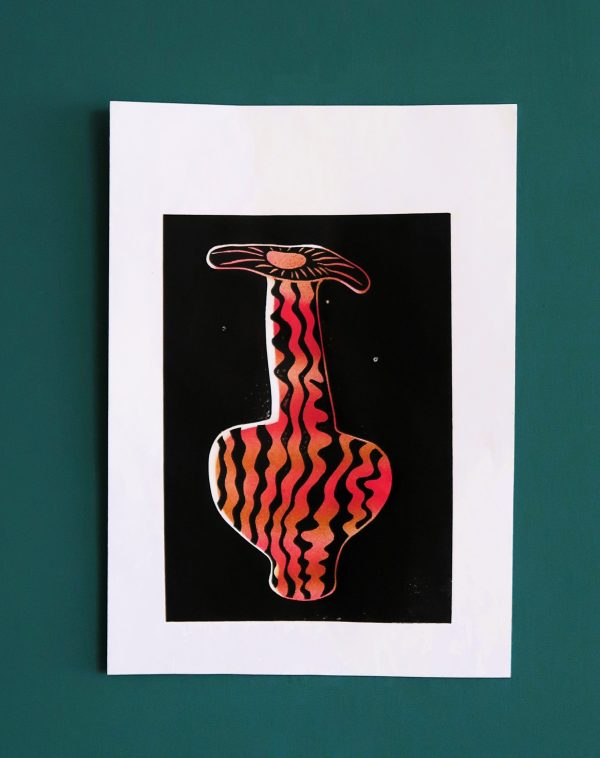 Original lino-print - Red Vase